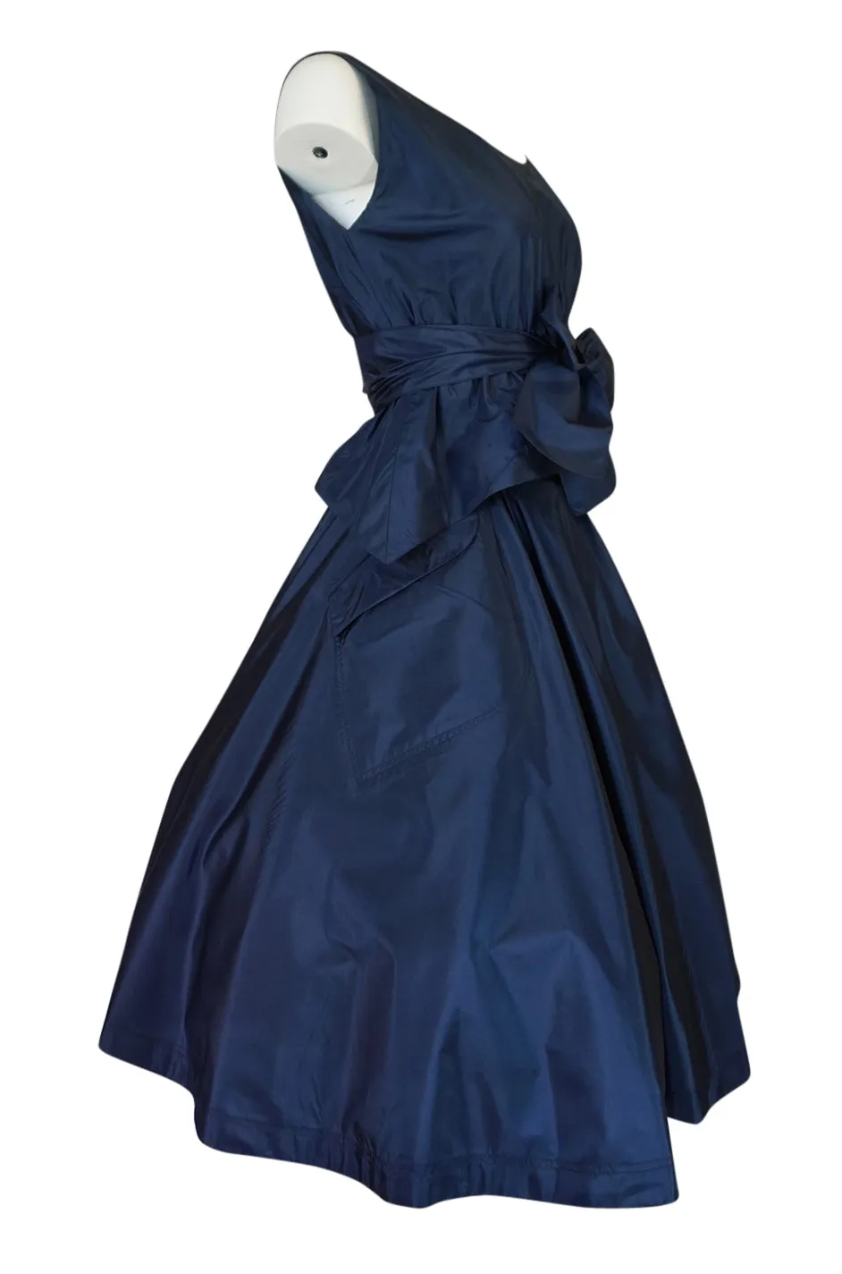 1950s Pauline Trigere Blue Silk Taffeta Cocktail Skirt, Top & Sash