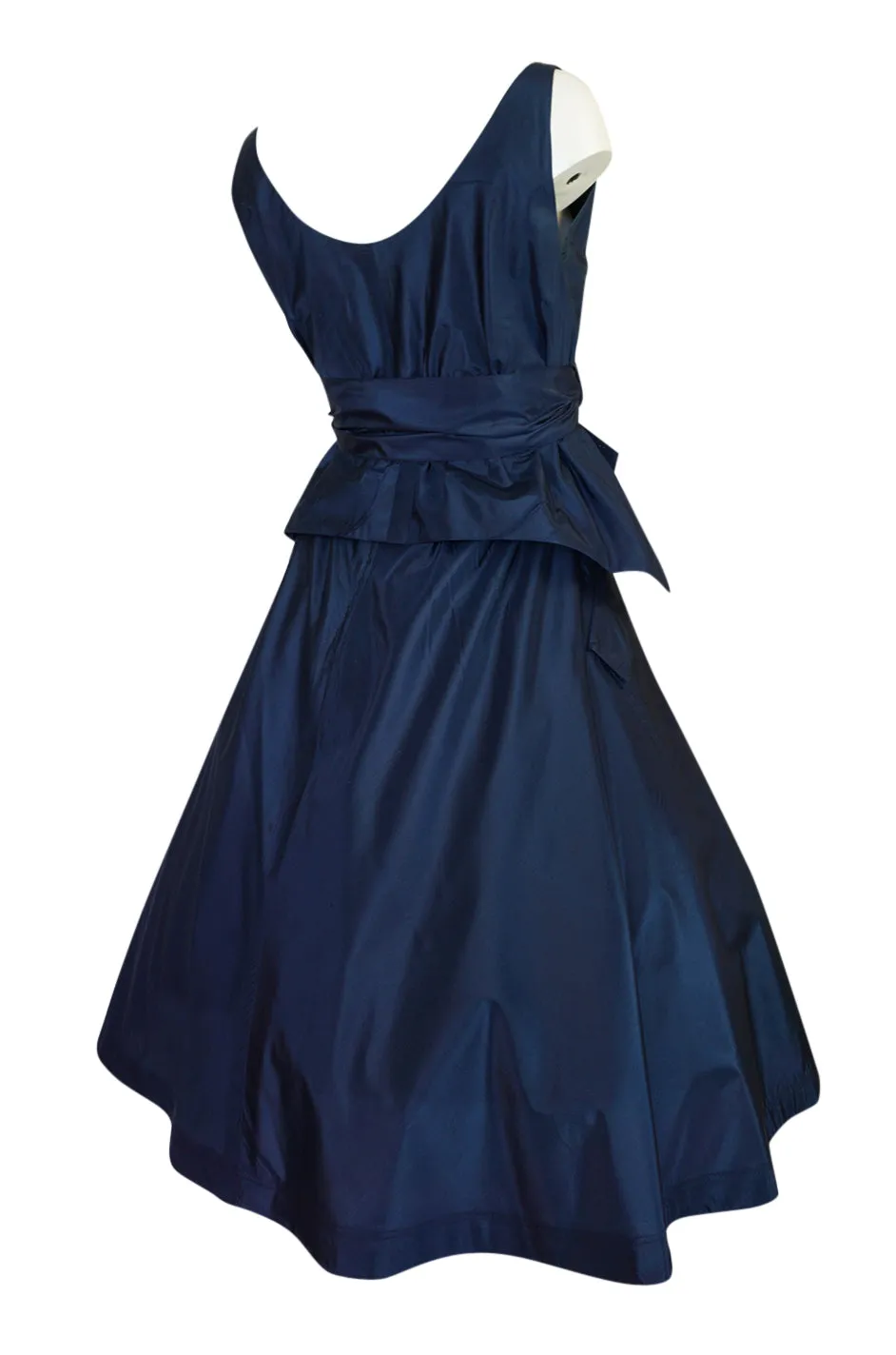 1950s Pauline Trigere Blue Silk Taffeta Cocktail Skirt, Top & Sash