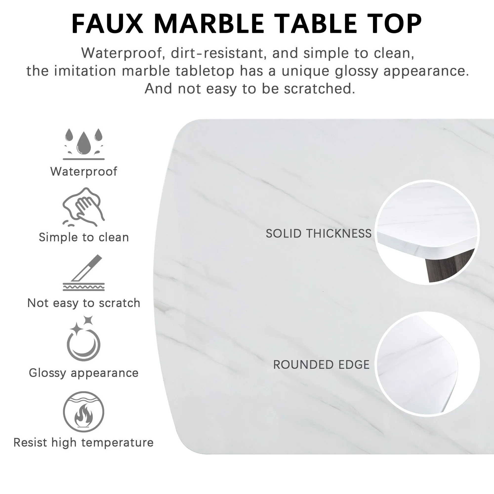 63" Modern Style 6-piece Dining Table with 4 Chairs & 1 Bench, Table with Marbled Veneers Tabletop and V-shaped Table Legs (White)