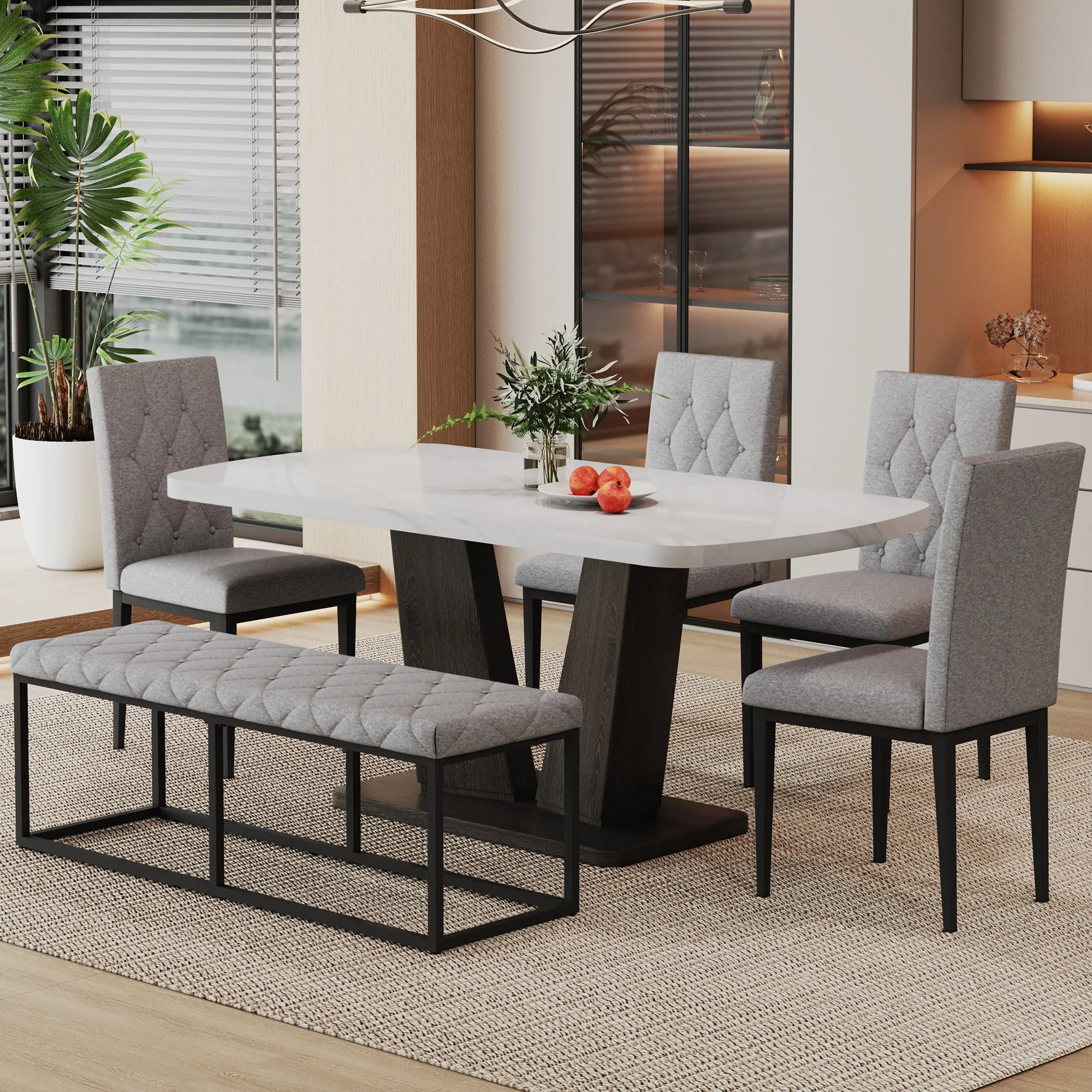 63" Modern Style 6-piece Dining Table with 4 Chairs & 1 Bench, Table with Marbled Veneers Tabletop and V-shaped Table Legs (White)