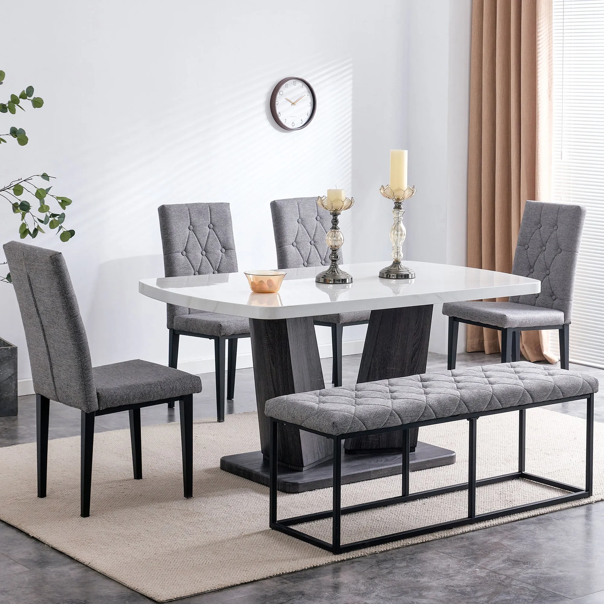 63" Modern Style 6-piece Dining Table with 4 Chairs & 1 Bench, Table with Marbled Veneers Tabletop and V-shaped Table Legs (White)