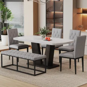 63" Modern Style 6-piece Dining Table with 4 Chairs & 1 Bench, Table with Marbled Veneers Tabletop and V-shaped Table Legs (White)