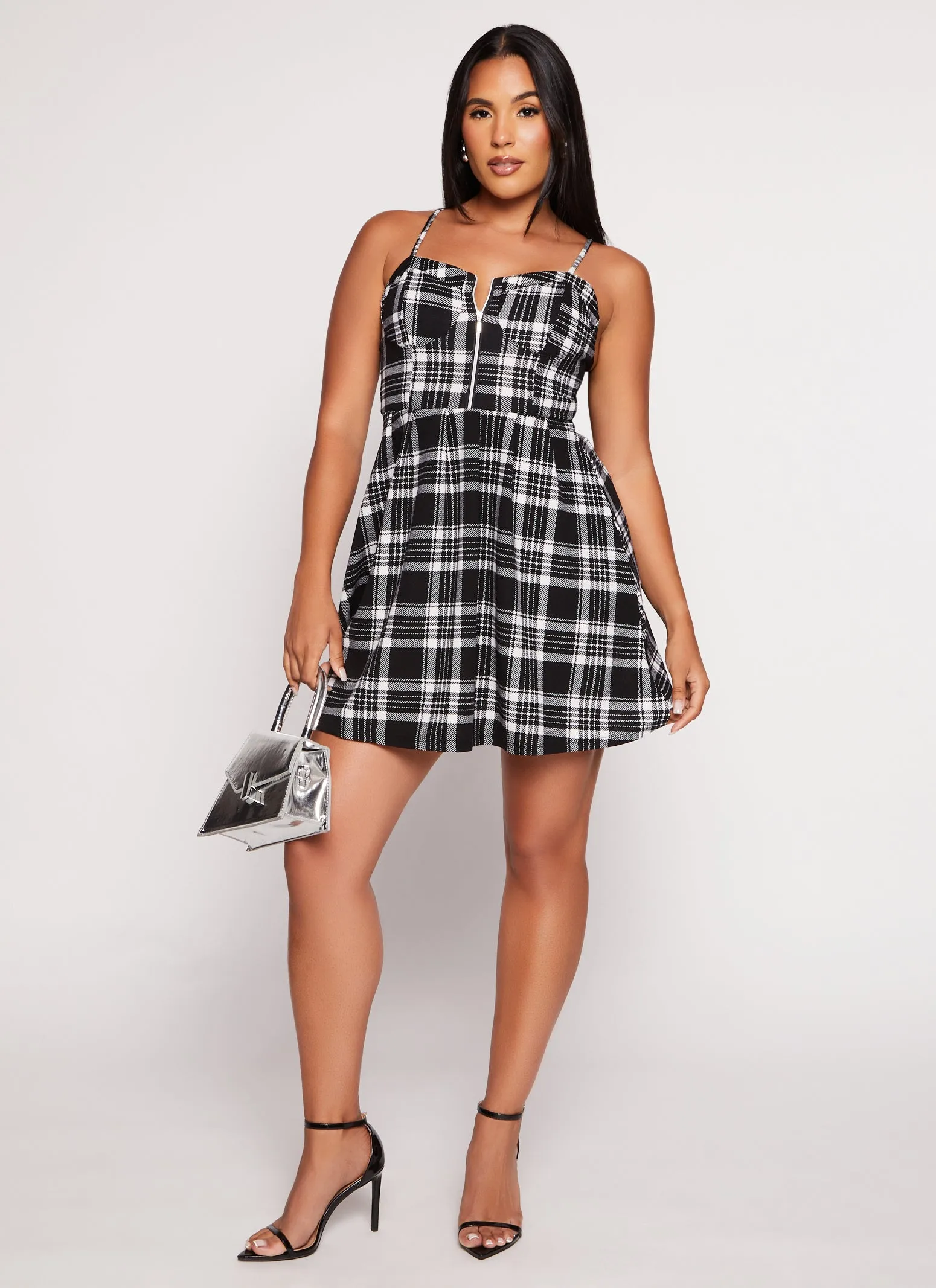 Almost Famous Plaid Zip Front Skater Dress