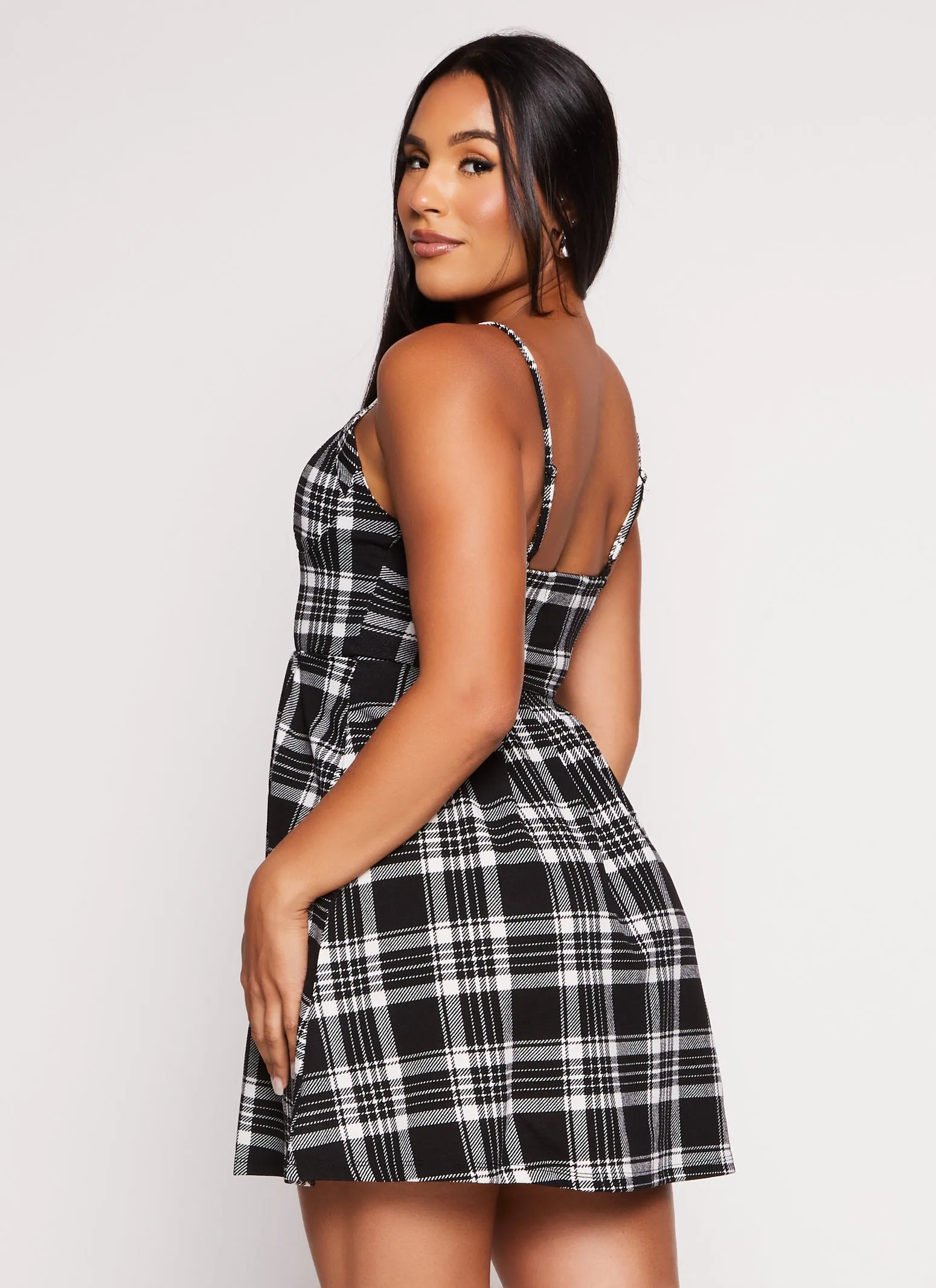 Almost Famous Plaid Zip Front Skater Dress