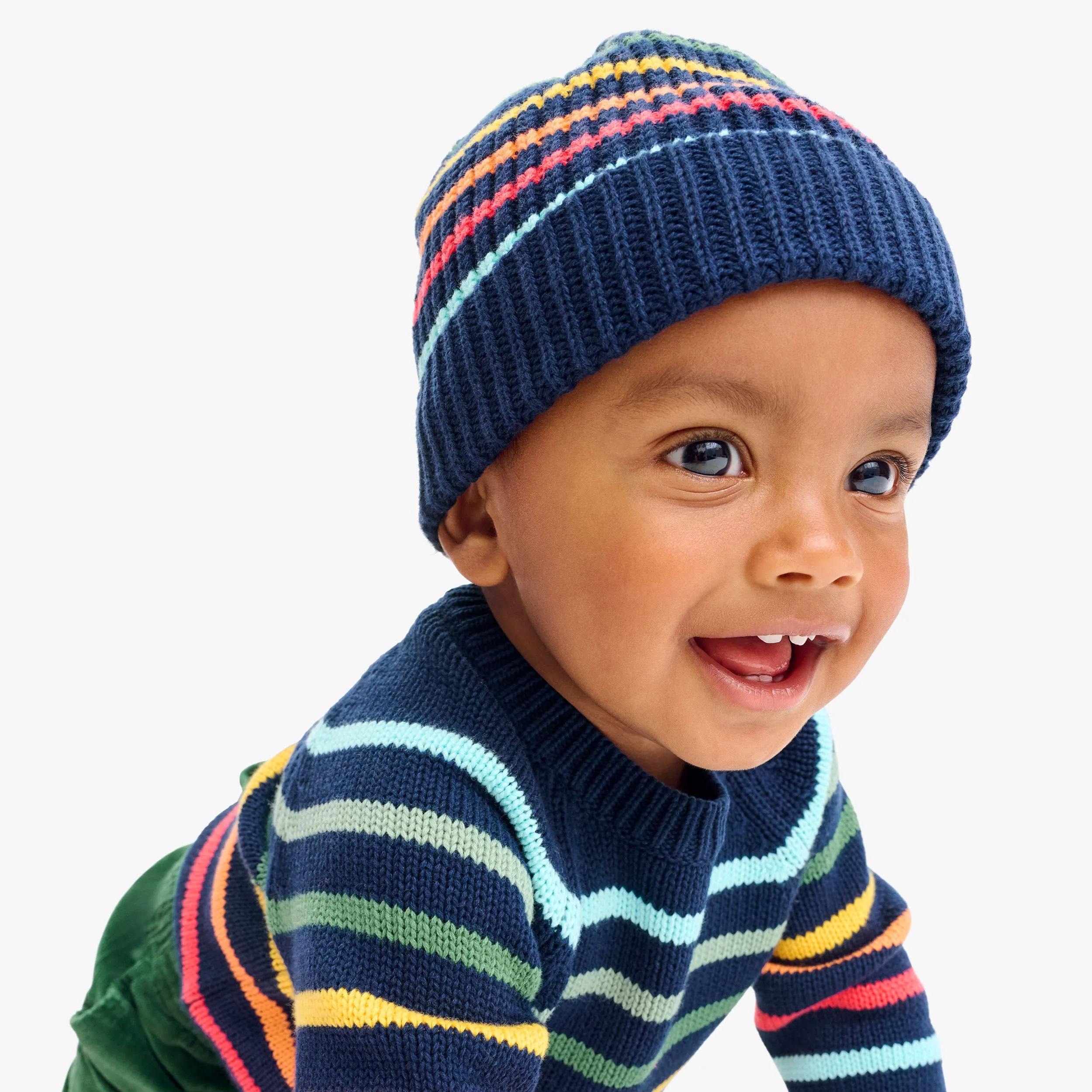 Baby cotton beanie in rainbow stripe