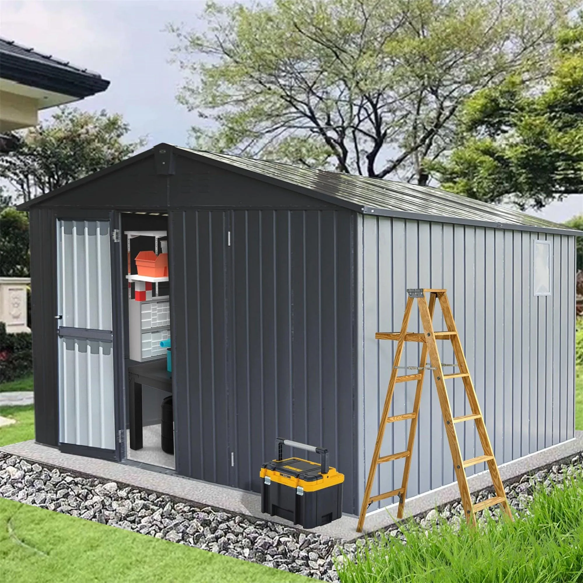 Backyard Storage Shed 11' x 12.5' with Galvanized Steel Frame & Windows, Outdoor Garden Shed Metal,Dark Gray
