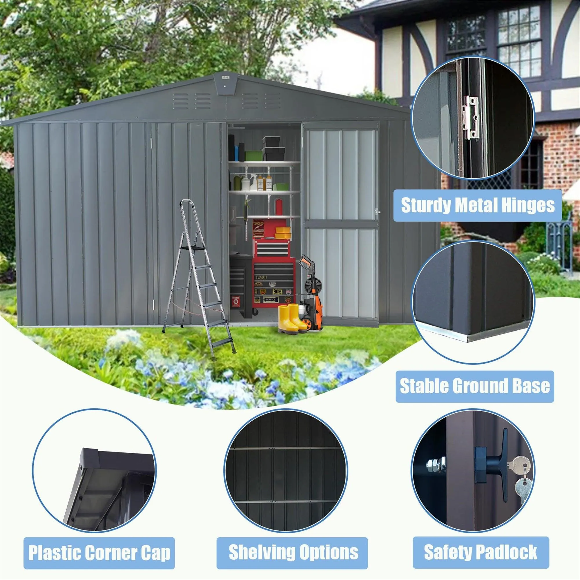 Backyard Storage Shed 11' x 12.5' with Galvanized Steel Frame & Windows, Outdoor Garden Shed Metal,Dark Gray