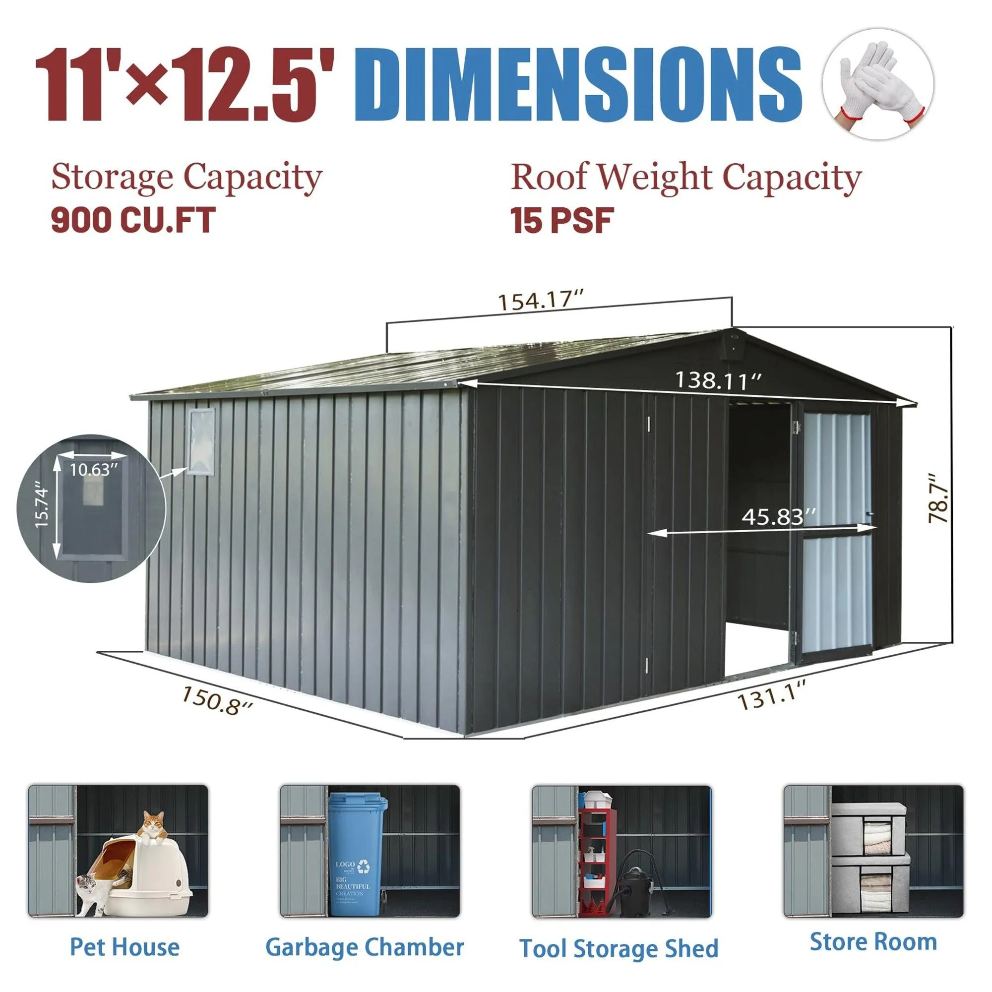 Backyard Storage Shed 11' x 12.5' with Galvanized Steel Frame & Windows, Outdoor Garden Shed Metal,Dark Gray