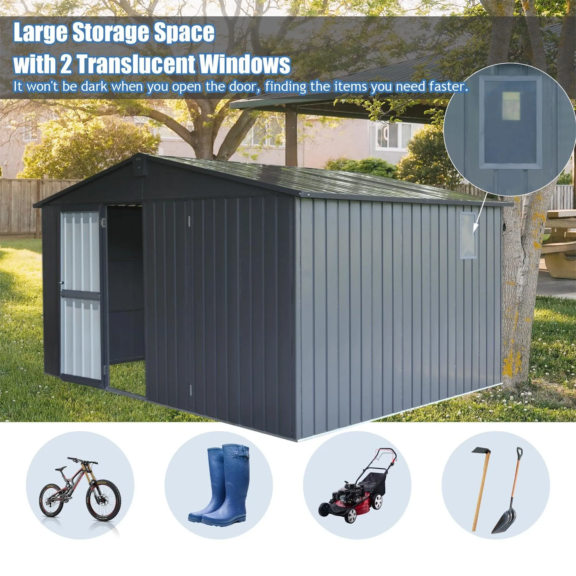 Backyard Storage Shed 11' x 12.5' with Galvanized Steel Frame & Windows, Outdoor Garden Shed Metal,Dark Gray