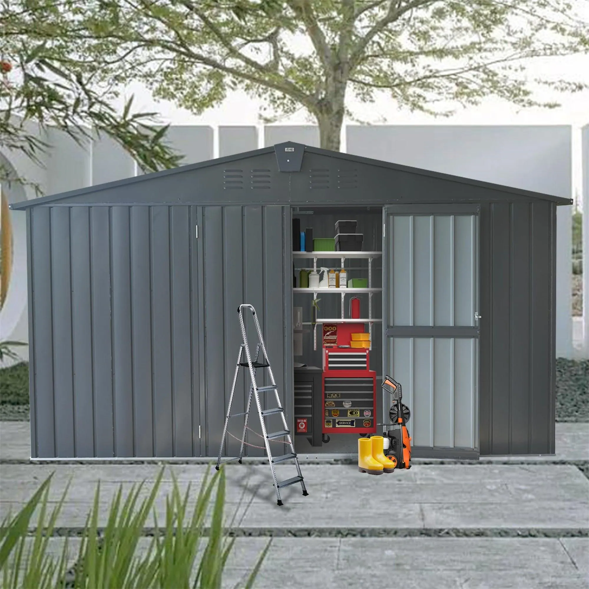 Backyard Storage Shed 11' x 12.5' with Galvanized Steel Frame & Windows, Outdoor Garden Shed Metal,Dark Gray