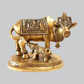 Brass Ganesha Carved Cow and Calf small 2.5 in