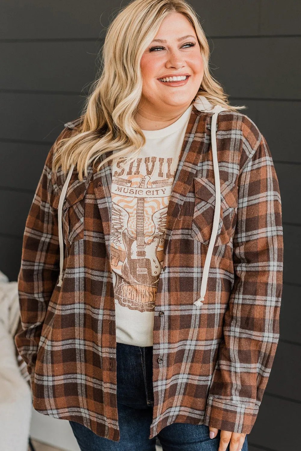 Brown Plus Size Plaid Button Up Contrast Hooded Shirt