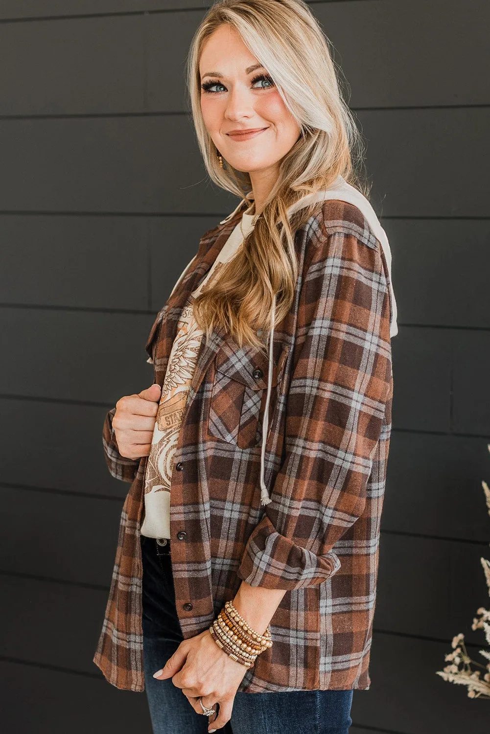 Brown Plus Size Plaid Button Up Contrast Hooded Shirt