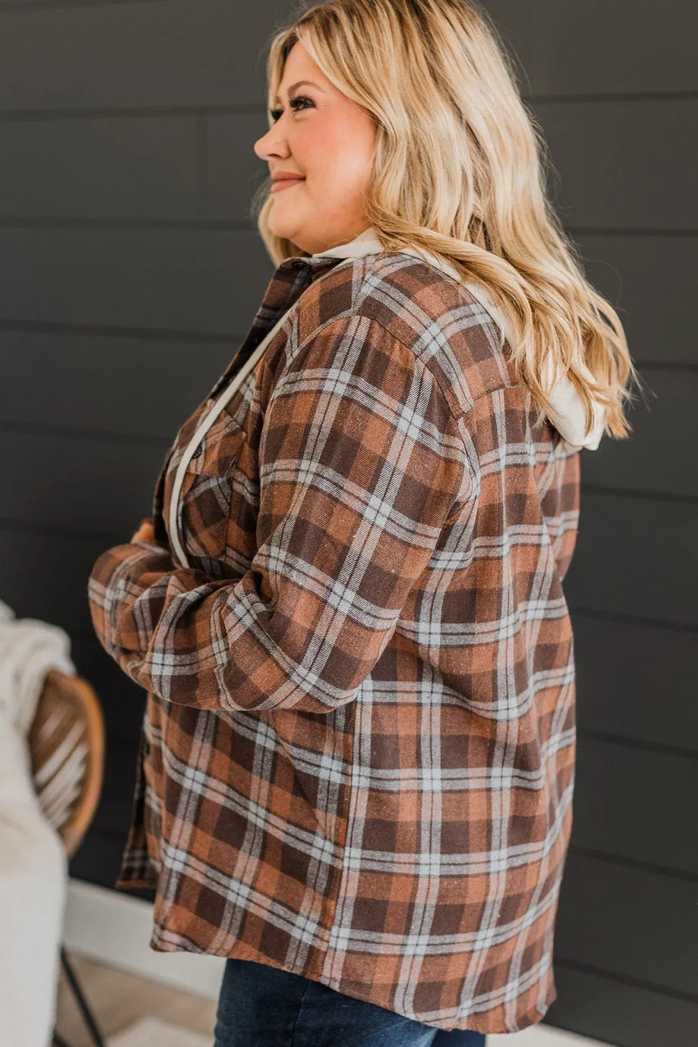 Brown Plus Size Plaid Button Up Contrast Hooded Shirt