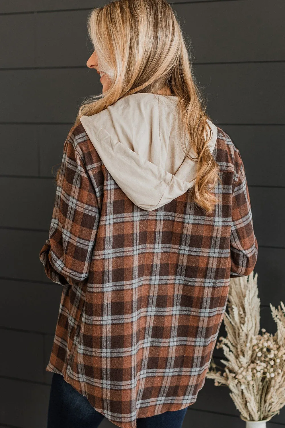 Brown Plus Size Plaid Button Up Contrast Hooded Shirt