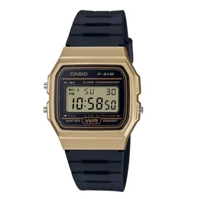Casio Vintage Digital Golden Bezel Resin Strap Watch| F-91WM-9ADF