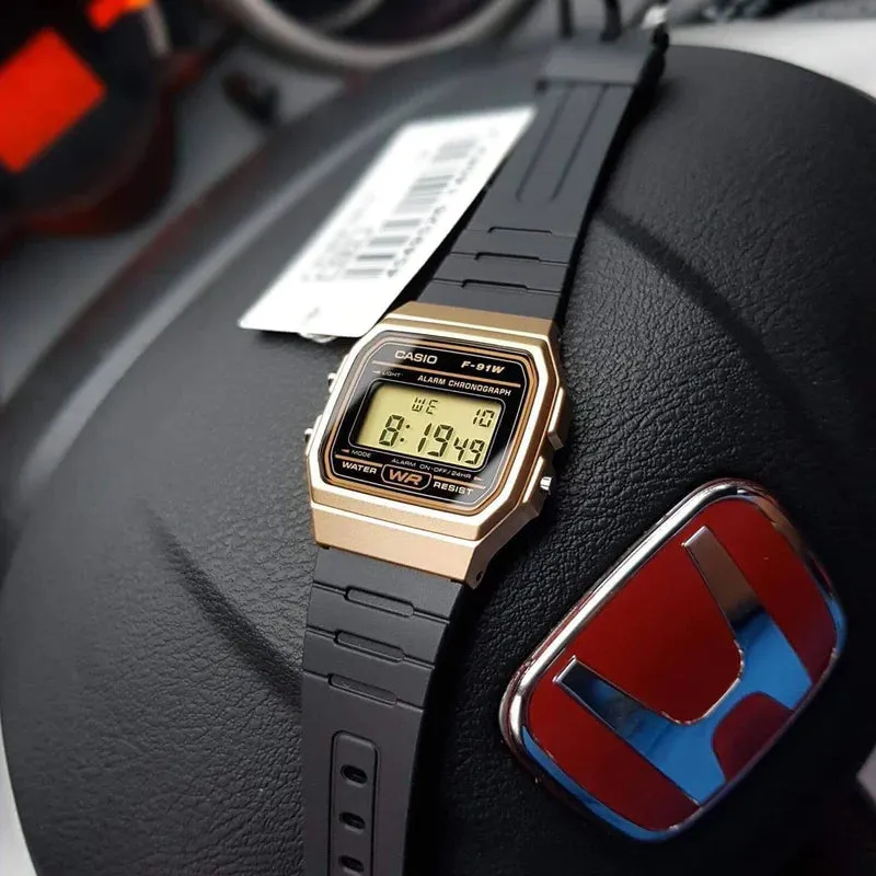 Casio Vintage Digital Golden Bezel Resin Strap Watch| F-91WM-9ADF