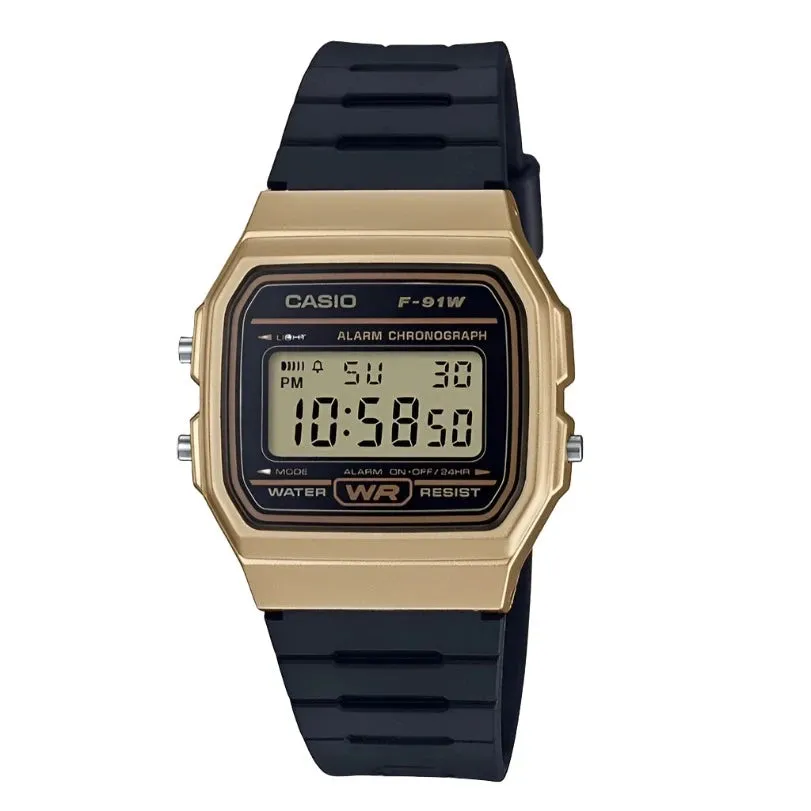 Casio Vintage Digital Golden Bezel Resin Strap Watch| F-91WM-9ADF