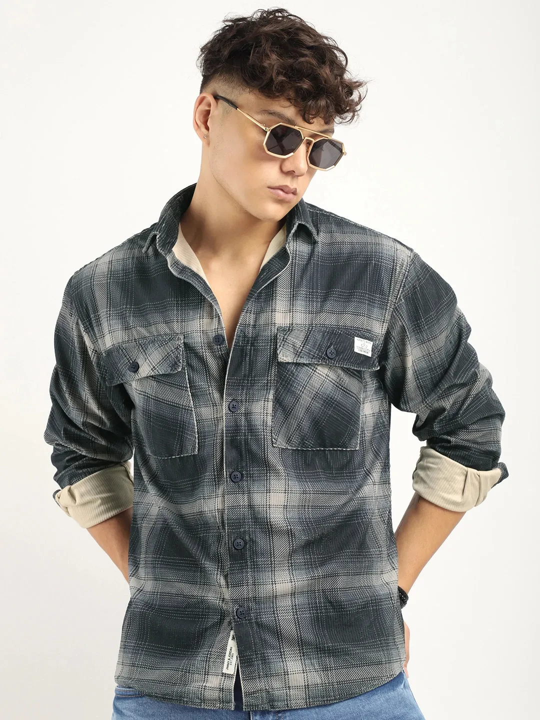 Corduroy Dark Grey Checkerd Full Sleeve Shirt
