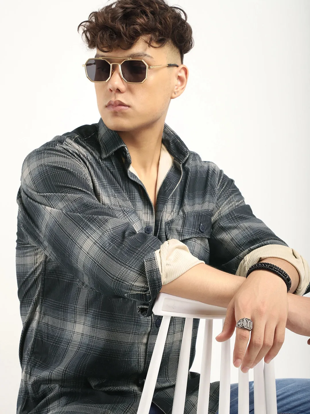 Corduroy Dark Grey Checkerd Full Sleeve Shirt