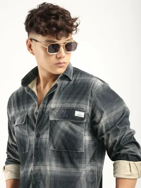 Corduroy Dark Grey Checkerd Full Sleeve Shirt