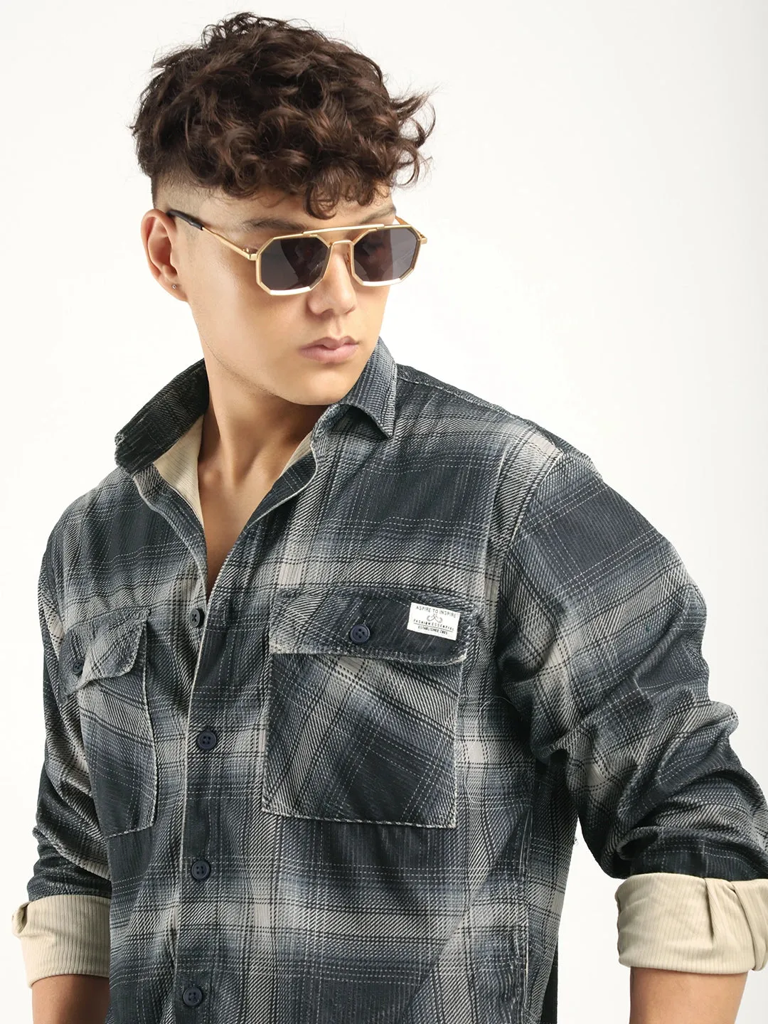 Corduroy Dark Grey Checkerd Full Sleeve Shirt