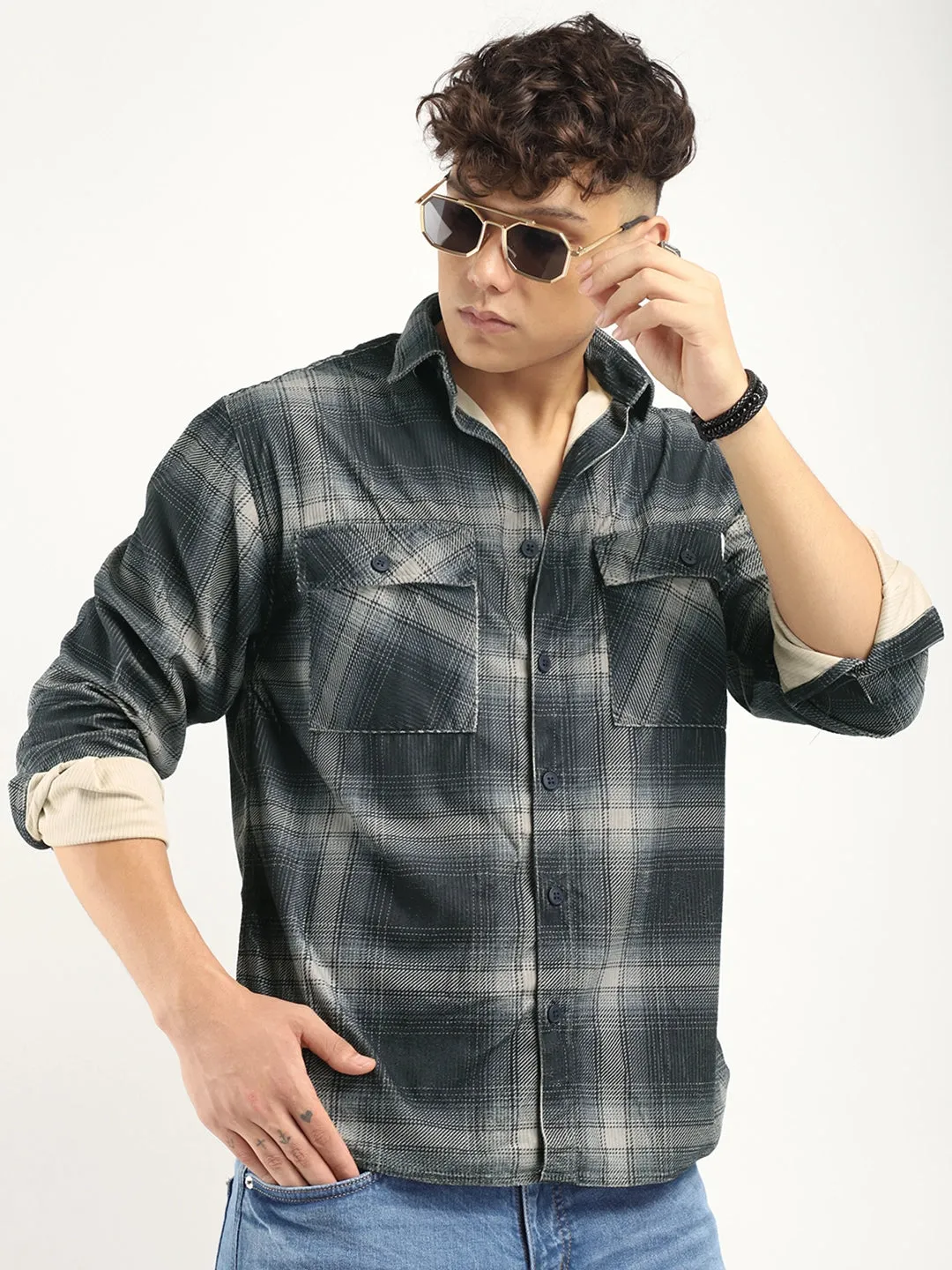 Corduroy Dark Grey Checkerd Full Sleeve Shirt