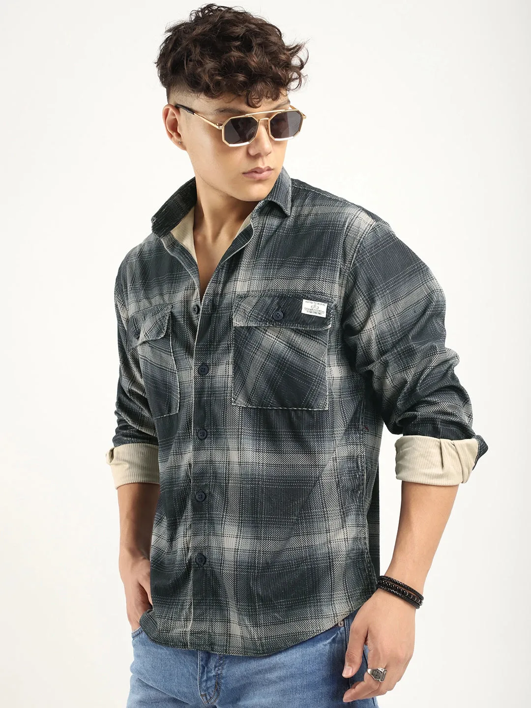Corduroy Dark Grey Checkerd Full Sleeve Shirt