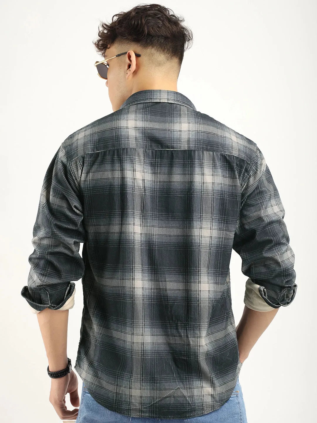Corduroy Dark Grey Checkerd Full Sleeve Shirt