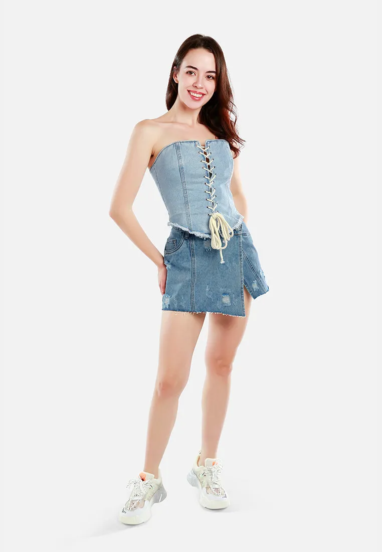 Distressed Denim Wrap Skirt By Ruw