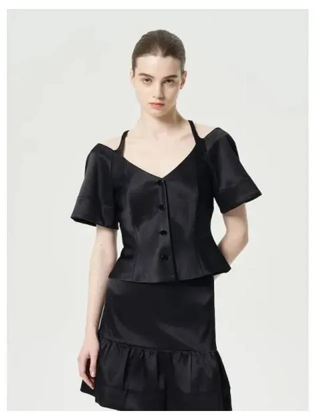 Double satin fitted open neck blouse shirt black domestic product