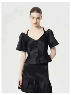 Double satin fitted open neck blouse shirt black domestic product