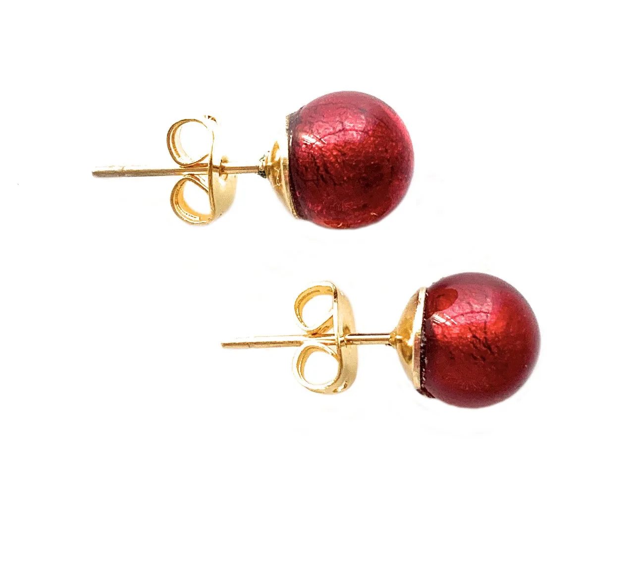 Earrings with red Murano glass sphere studs on 24ct gold plated posts