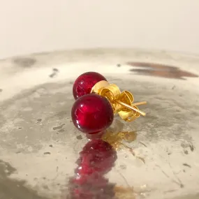 Earrings with red Murano glass sphere studs on 24ct gold plated posts