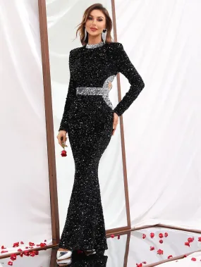 Elegant Mock Neck Long Sleeve Sequin Mermaid Dresses
