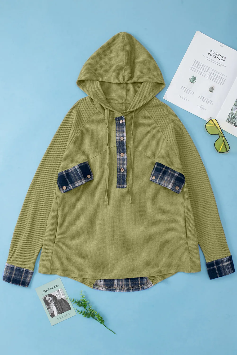 Green Flowy Plaid Accent Waffle Knit Henley Hoodie