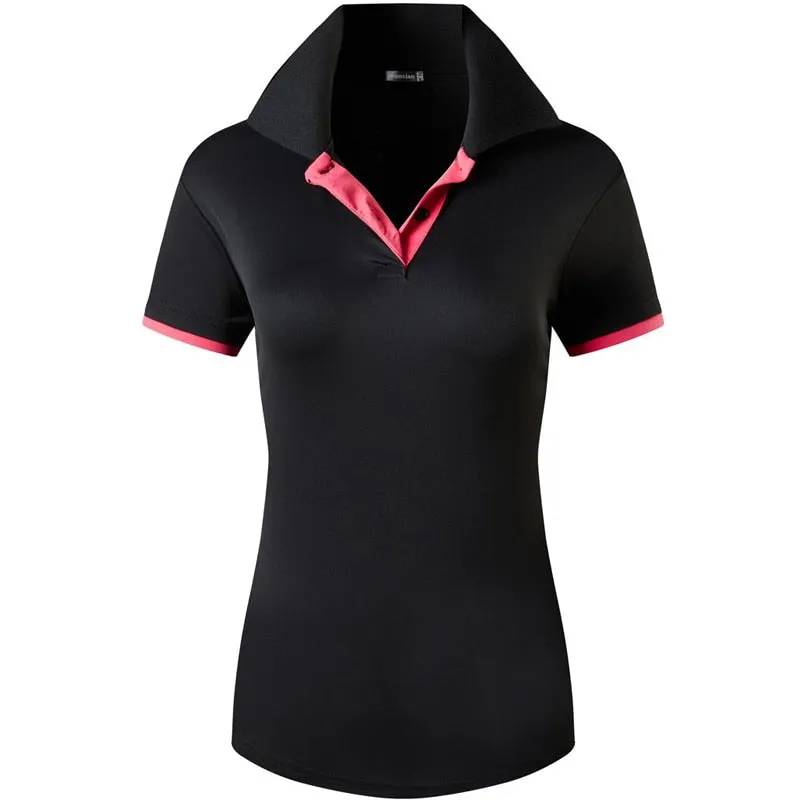 jeansian Women V-Neck Design Summer ShortSleeve Casual T-Shirt Tee Shirts Tshirt Golf Tennis Badminton Polo SWT325 Pink