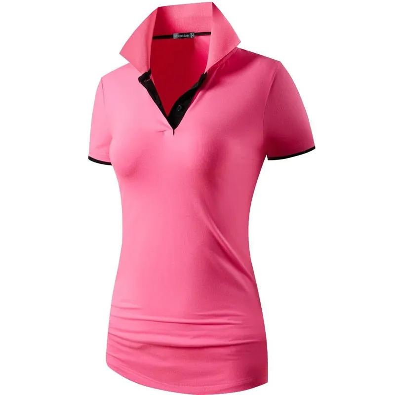 jeansian Women V-Neck Design Summer ShortSleeve Casual T-Shirt Tee Shirts Tshirt Golf Tennis Badminton Polo SWT325 Pink