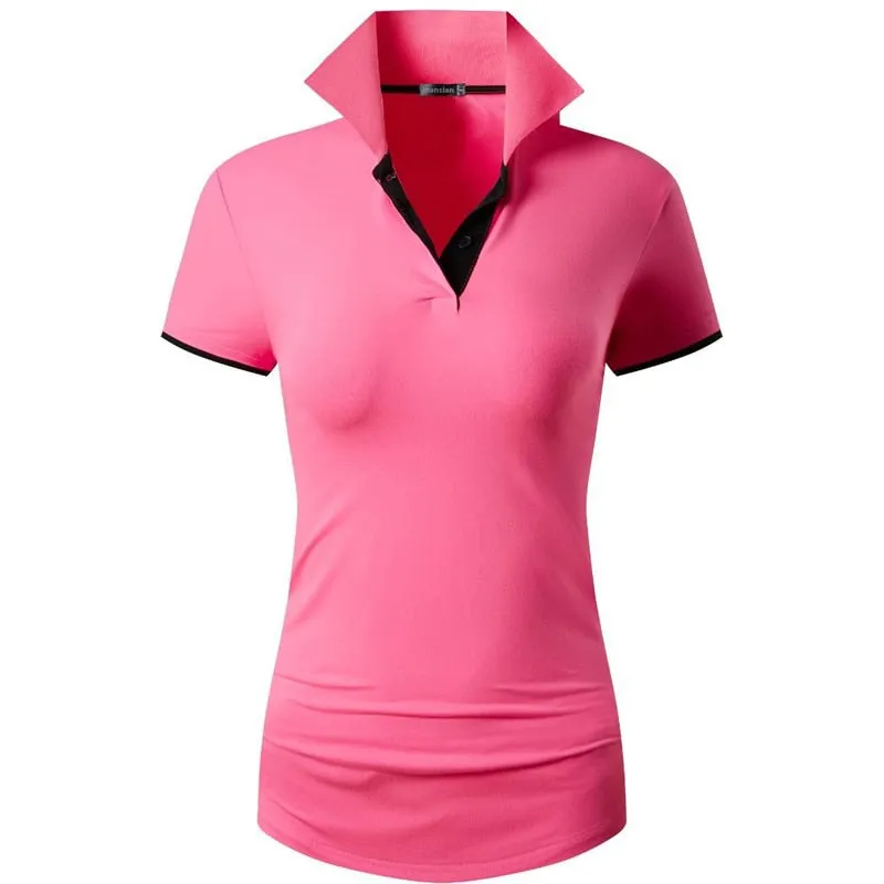 jeansian Women V-Neck Design Summer ShortSleeve Casual T-Shirt Tee Shirts Tshirt Golf Tennis Badminton Polo SWT325 Pink