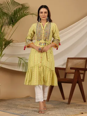 Juniper  Lime Green Geometric Printed Pure Cotton Kurta With Beads Work