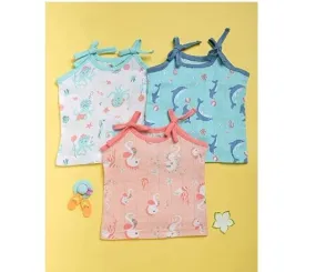 Kaarpas 100% Premium Cotton Ocean Dive Organic Muslin Top With Knots/Jhablas Dolphin Octopus & Seahorse Turquoise Peach & White 3 Units (KATK3001L) (Certified ORGANIC) - 1 Pc (3 To 6 Months)