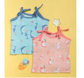 Kaarpas 100% Premium Cotton Organic Ocean Dive Muslin Top With Knots/Jhablas 2 Pack Dolphin & Seahorse Turquoise Blue & Peach (KATK2002S) (Certified ORGANIC) - 1 Pc (0 To 3 Months)