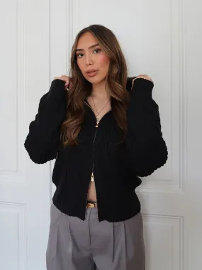 KNITTED - Zip-Hood Cardigan  Black