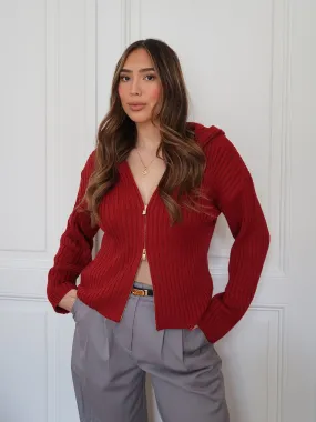 KNITTED - Zip-Hood Cardigan  Bordeaux