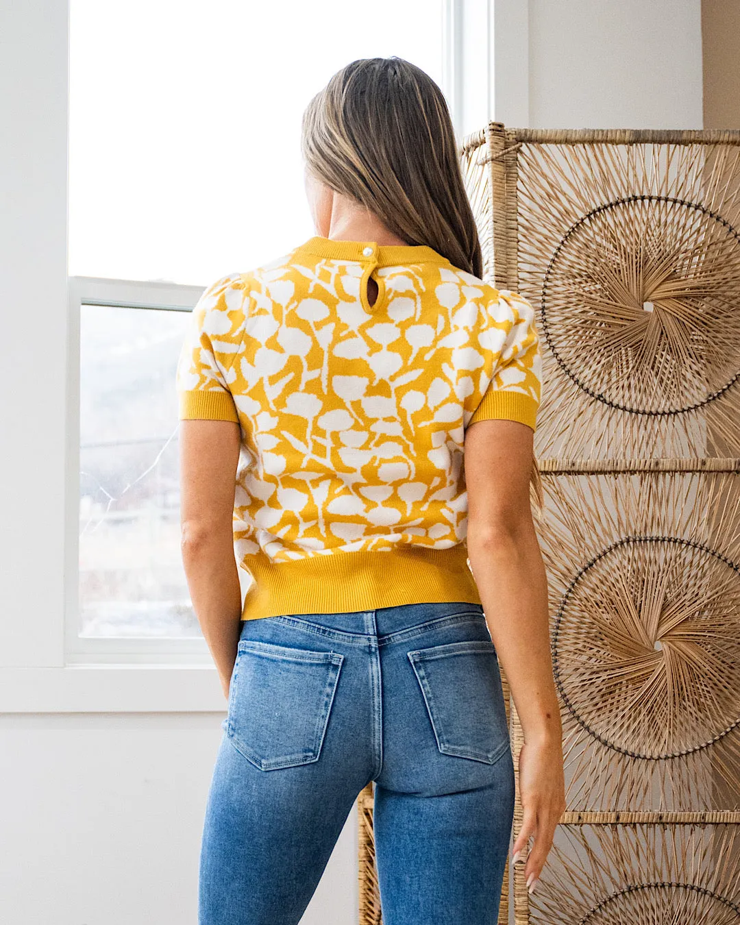 Lisa Floral Short Sleeve Sweater - Mustard