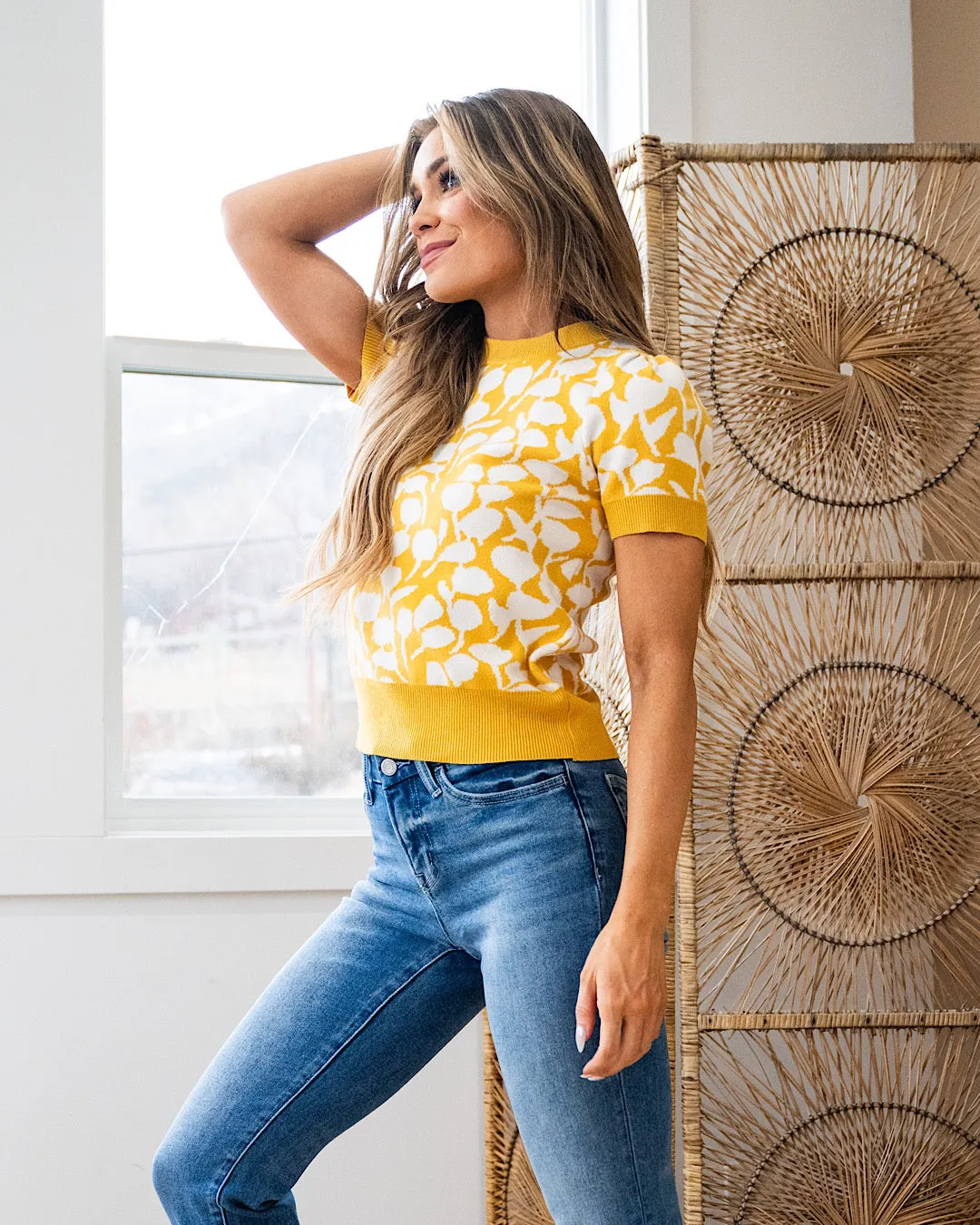 Lisa Floral Short Sleeve Sweater - Mustard