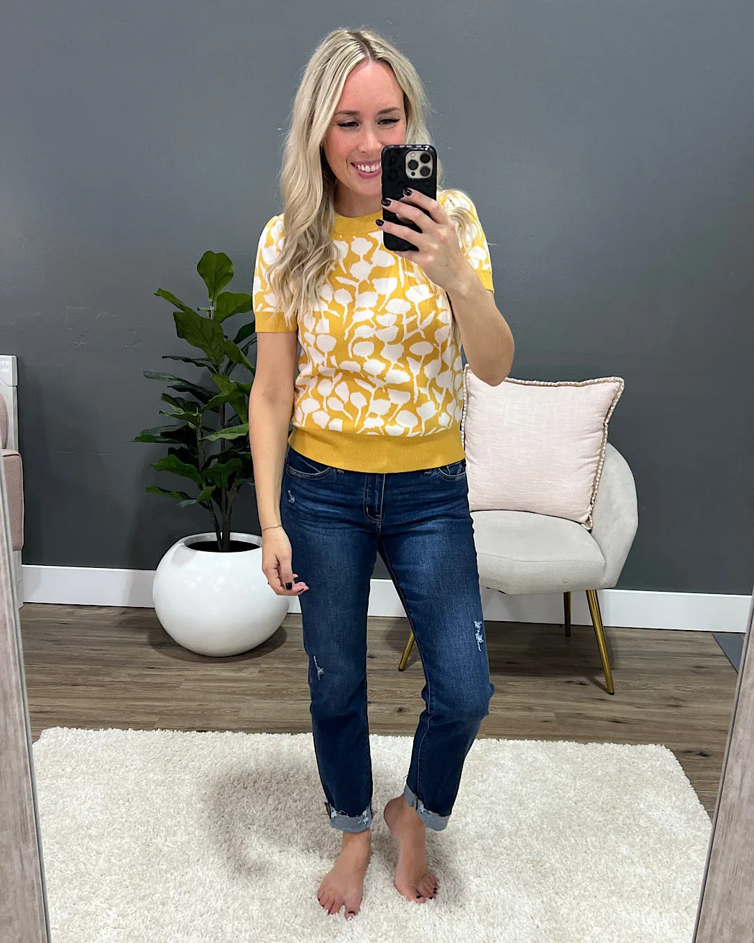 Lisa Floral Short Sleeve Sweater - Mustard