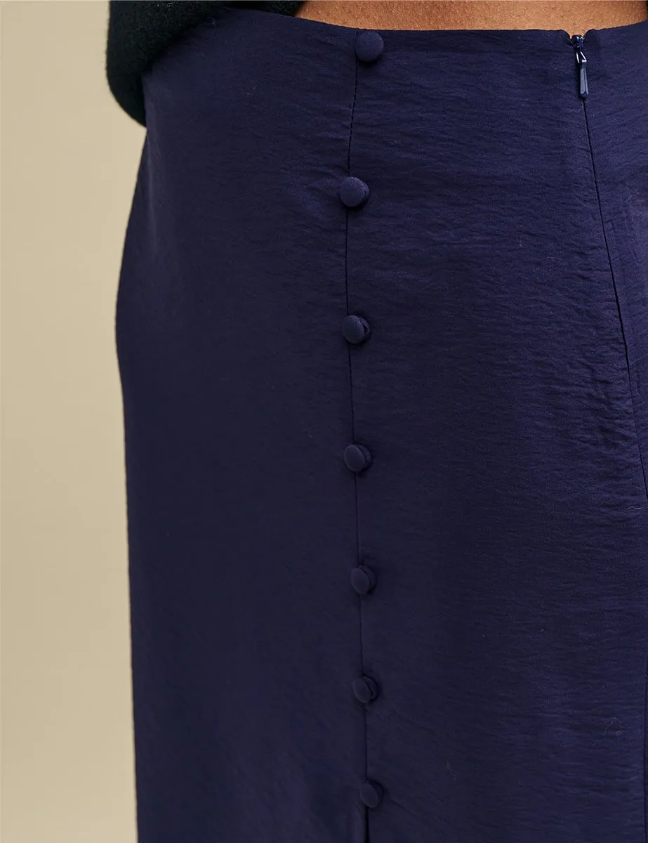 Navy Side Slit Button-Up Midi Skirt