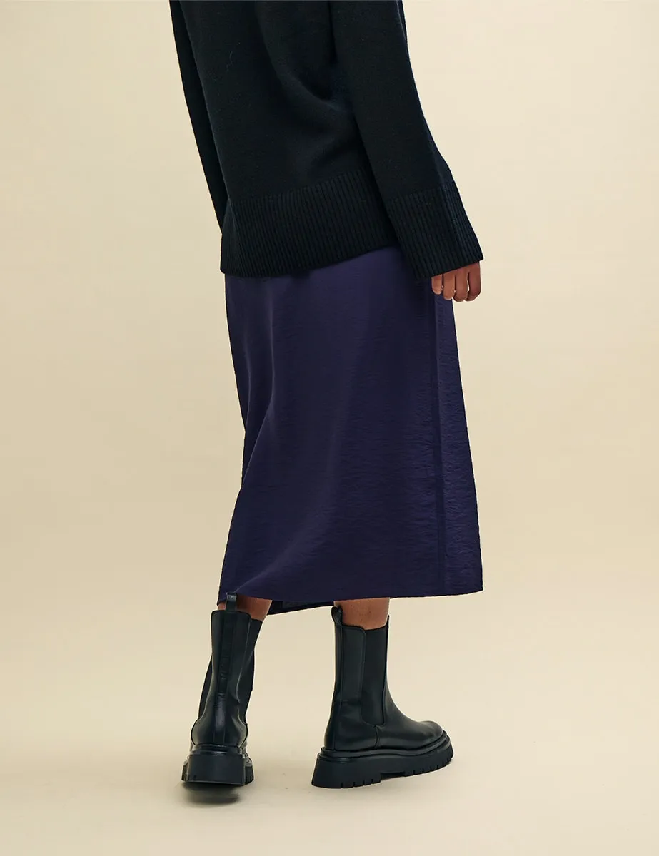 Navy Side Slit Button-Up Midi Skirt
