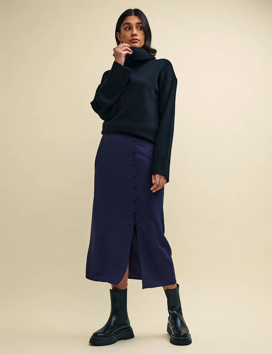 Navy Side Slit Button-Up Midi Skirt